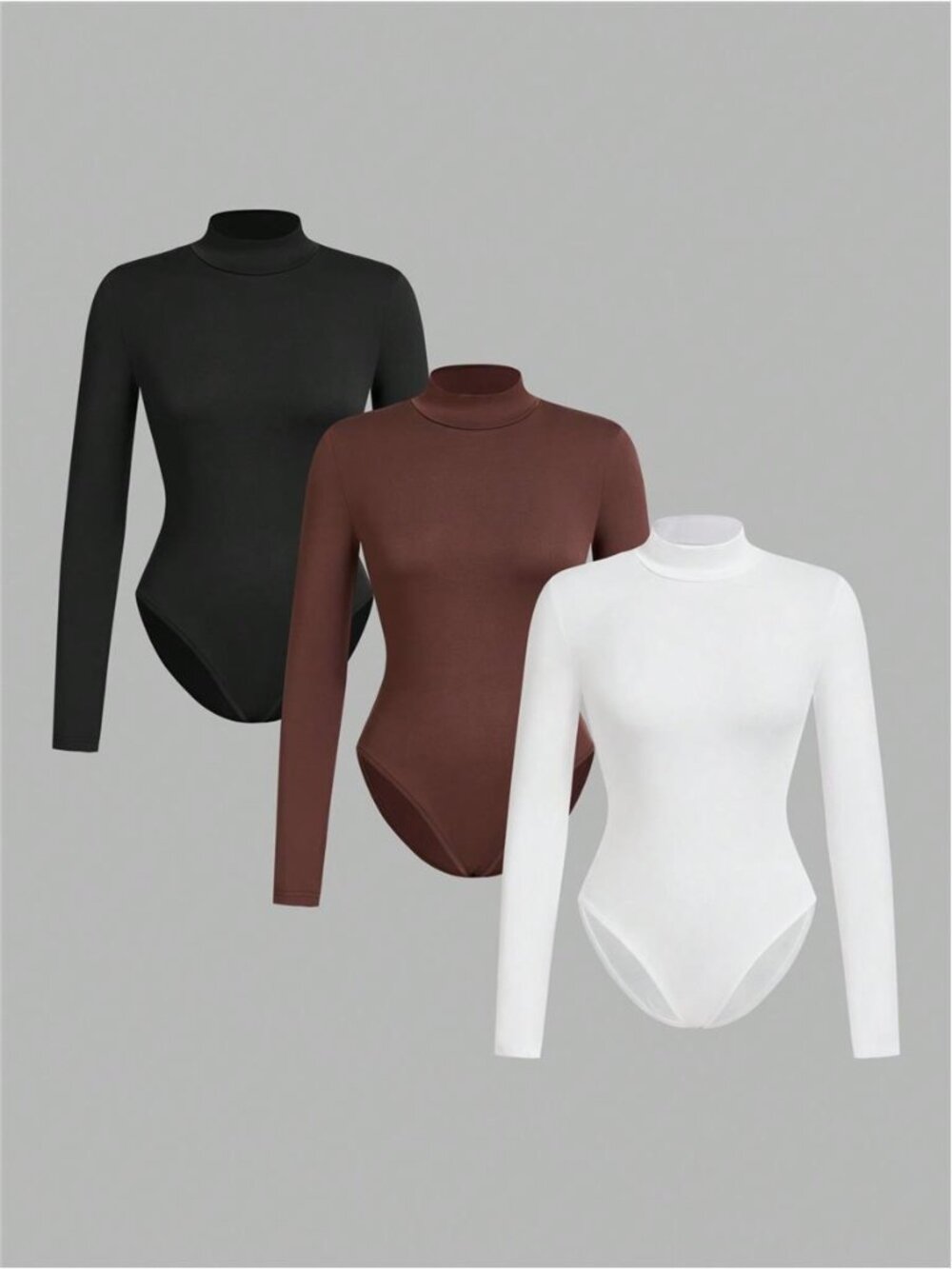 3pcs/Set Women Turtleneck Long Sleeve Bodysuit, Autumn Winter All-Match